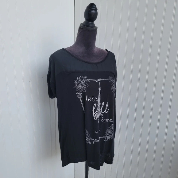 SJS Women's XL T-Shirt Black Studded Let's Fall In Love Eiffel Tower Stretch Top - Picture 7 of 8